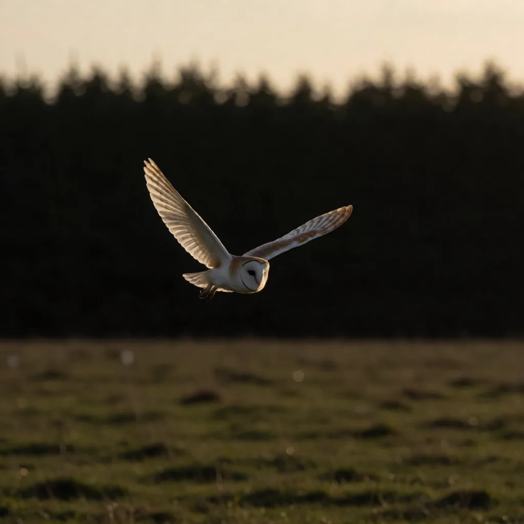 Barn owl in flight, backlit