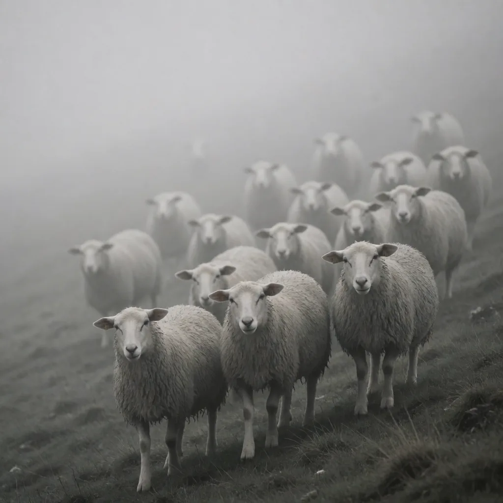 Sheep flock in fog