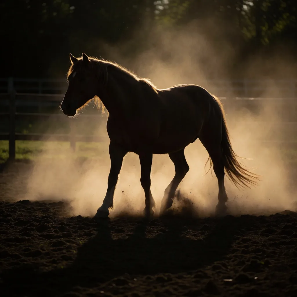 Horse in dust, backlit