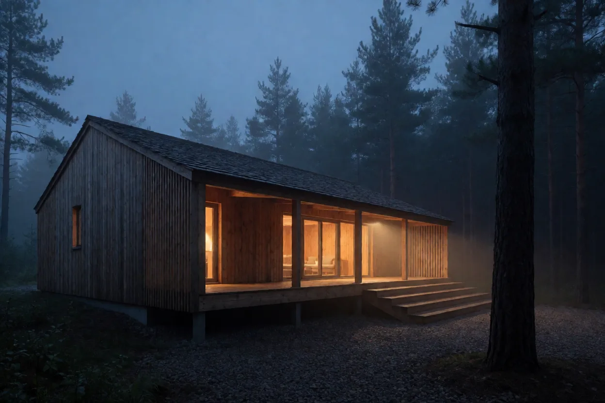 Timber cabin at blue hour