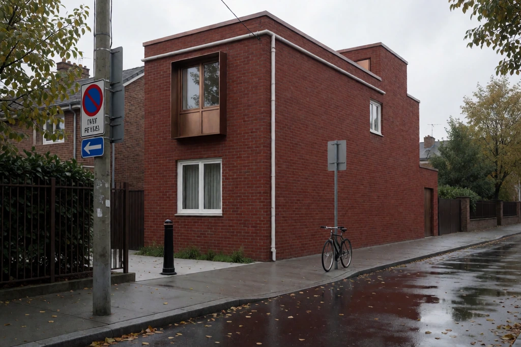 Brick corner house after rain