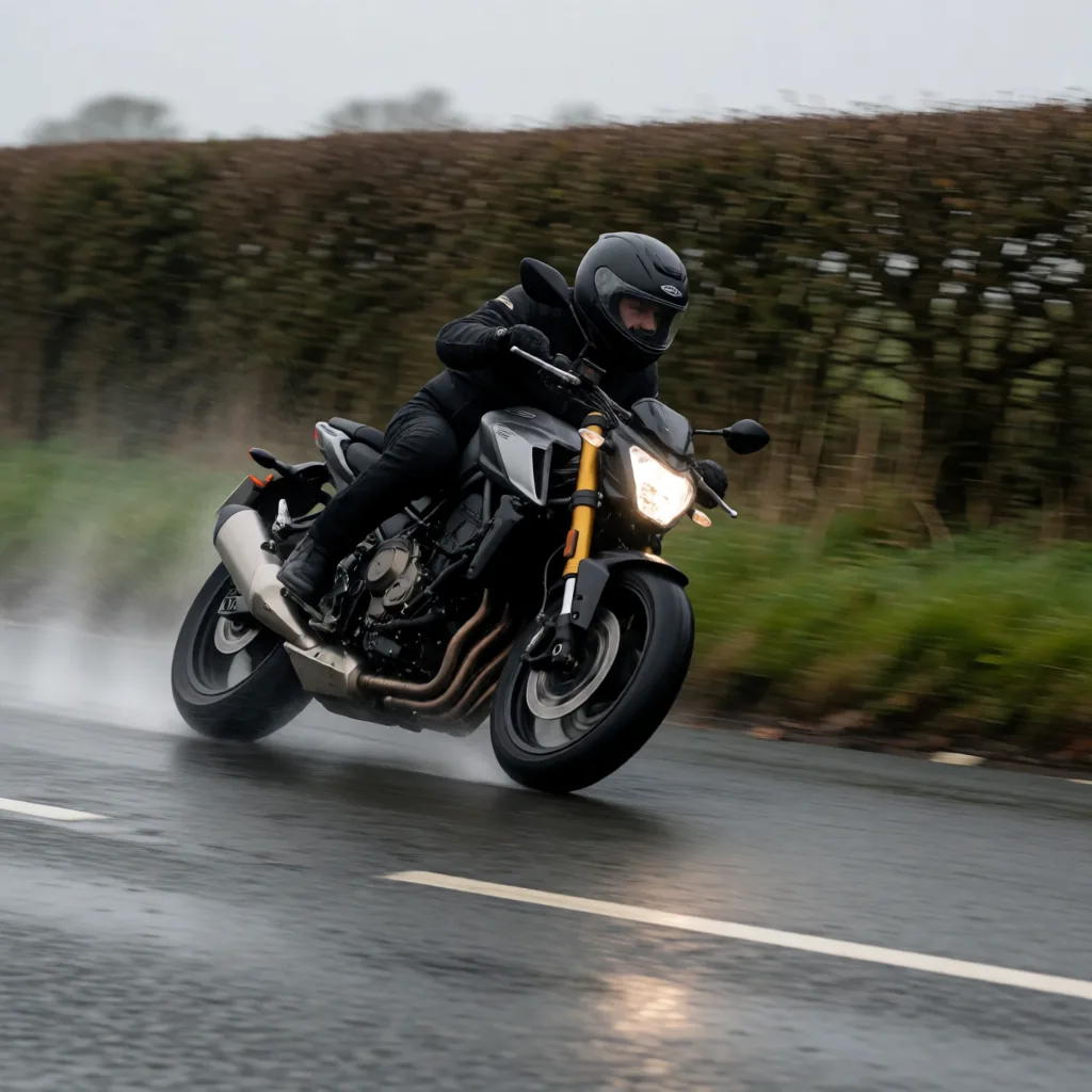 Motorcycle on wet road, panned