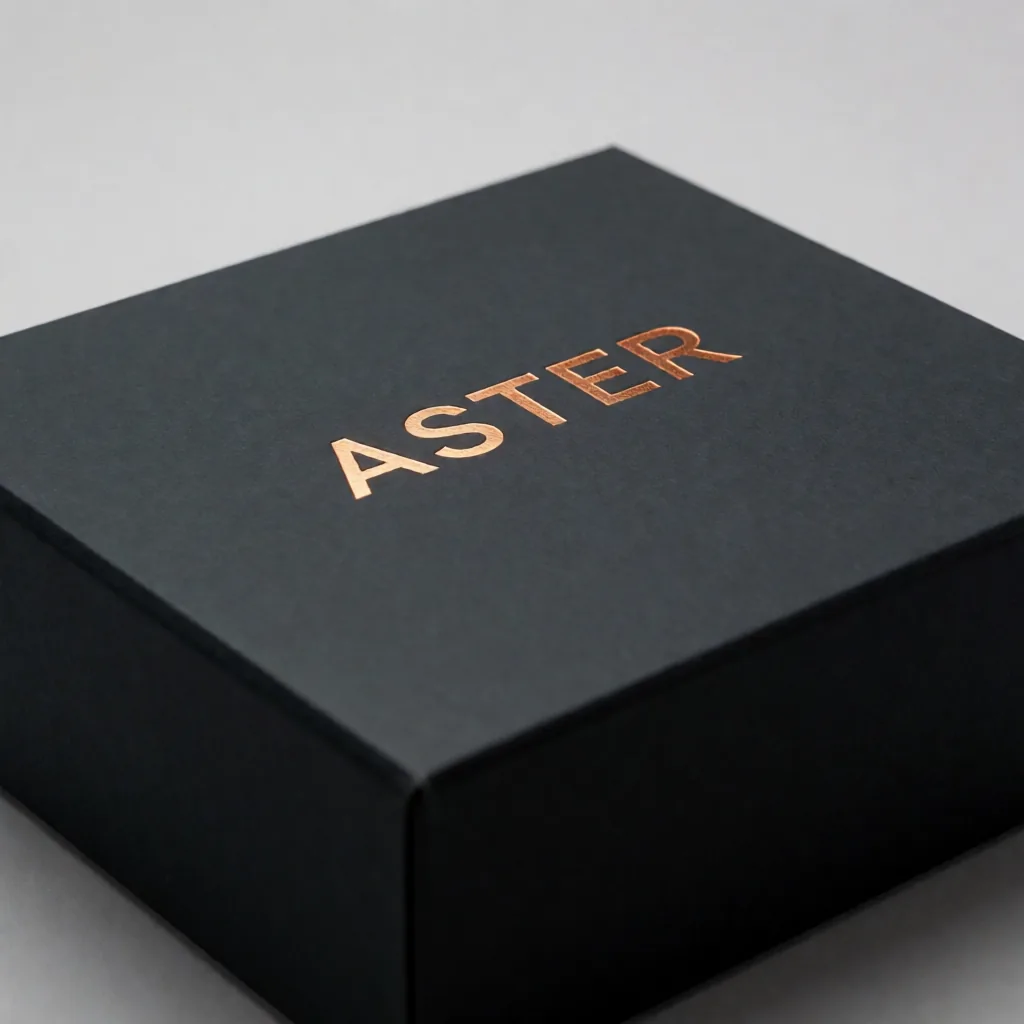 Foil-stamped logo on box