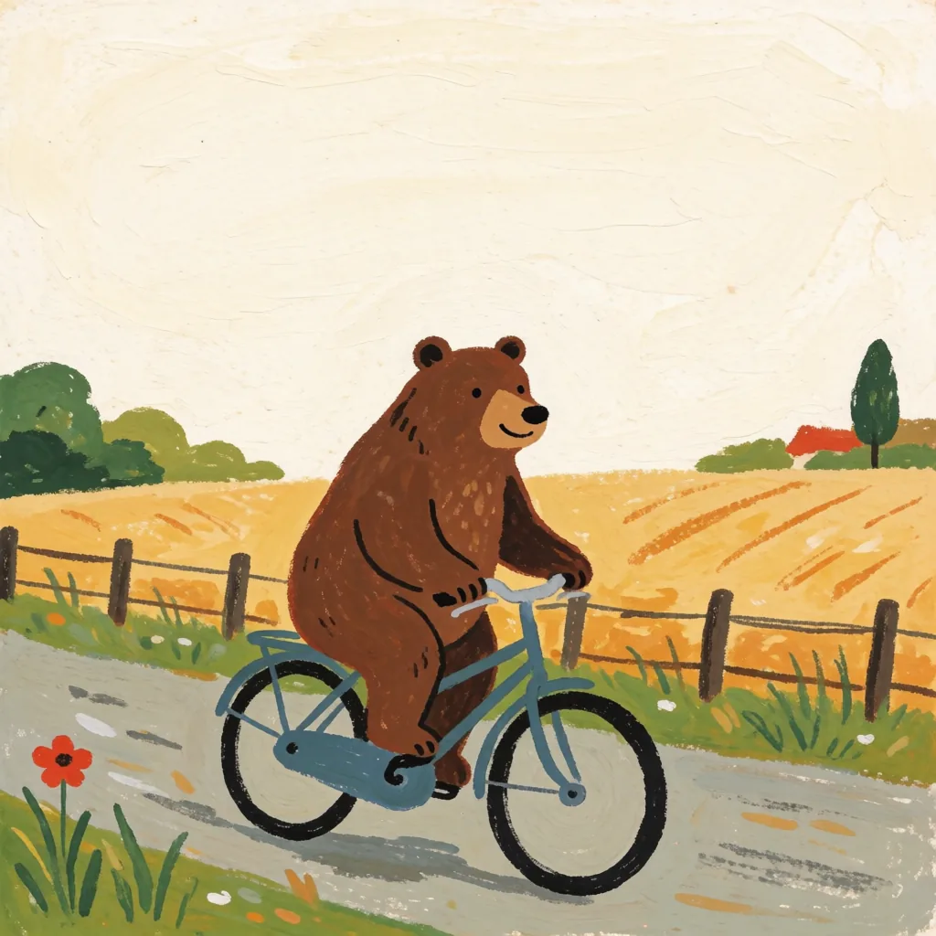 Gouache bear and bicycle