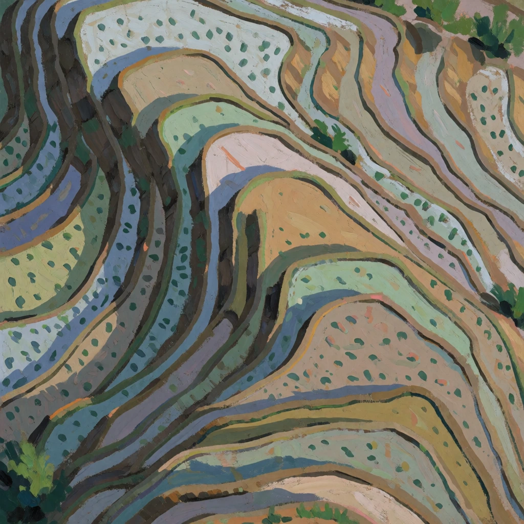 Re-render these terraced fields as a gouache painting with v