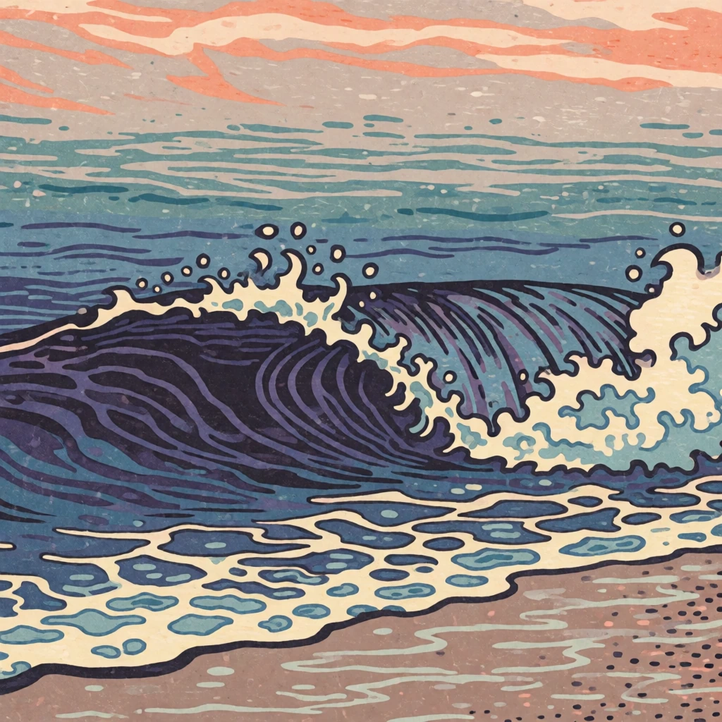 Recolour this woodblock wave to a dusk palette, deep violet