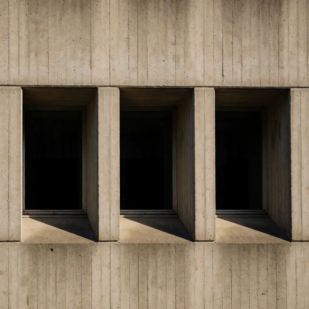 Brutalist facade, hard sun