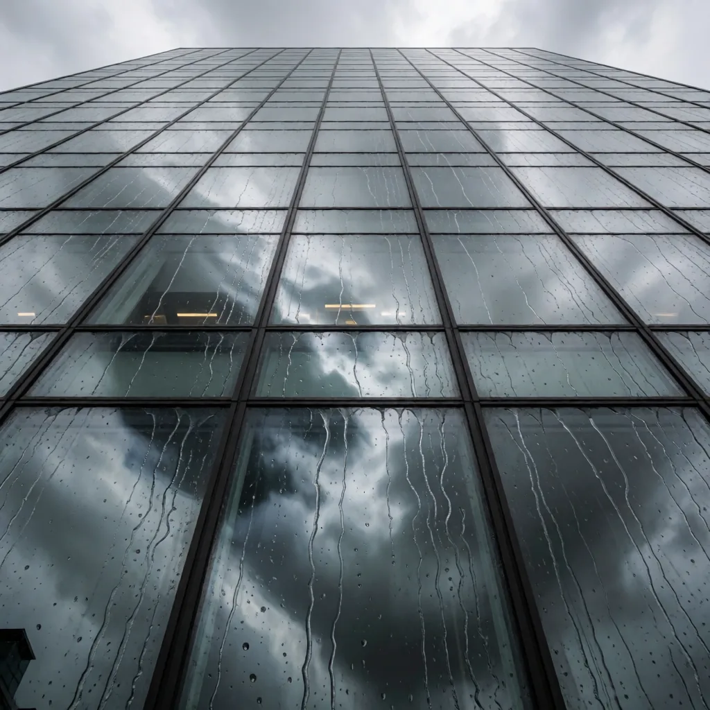 Rain-streaked glass tower