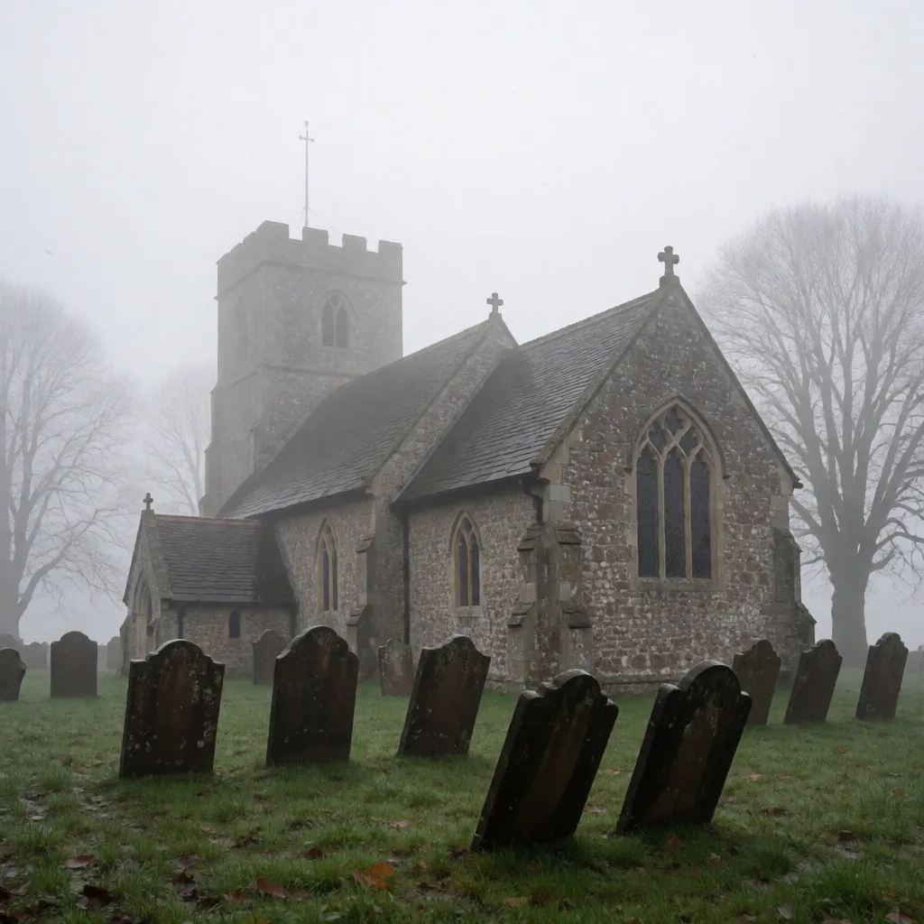 Stone church in fog