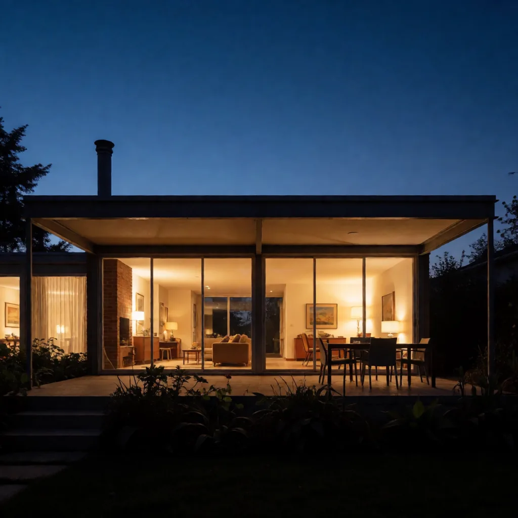 Modernist house at dusk