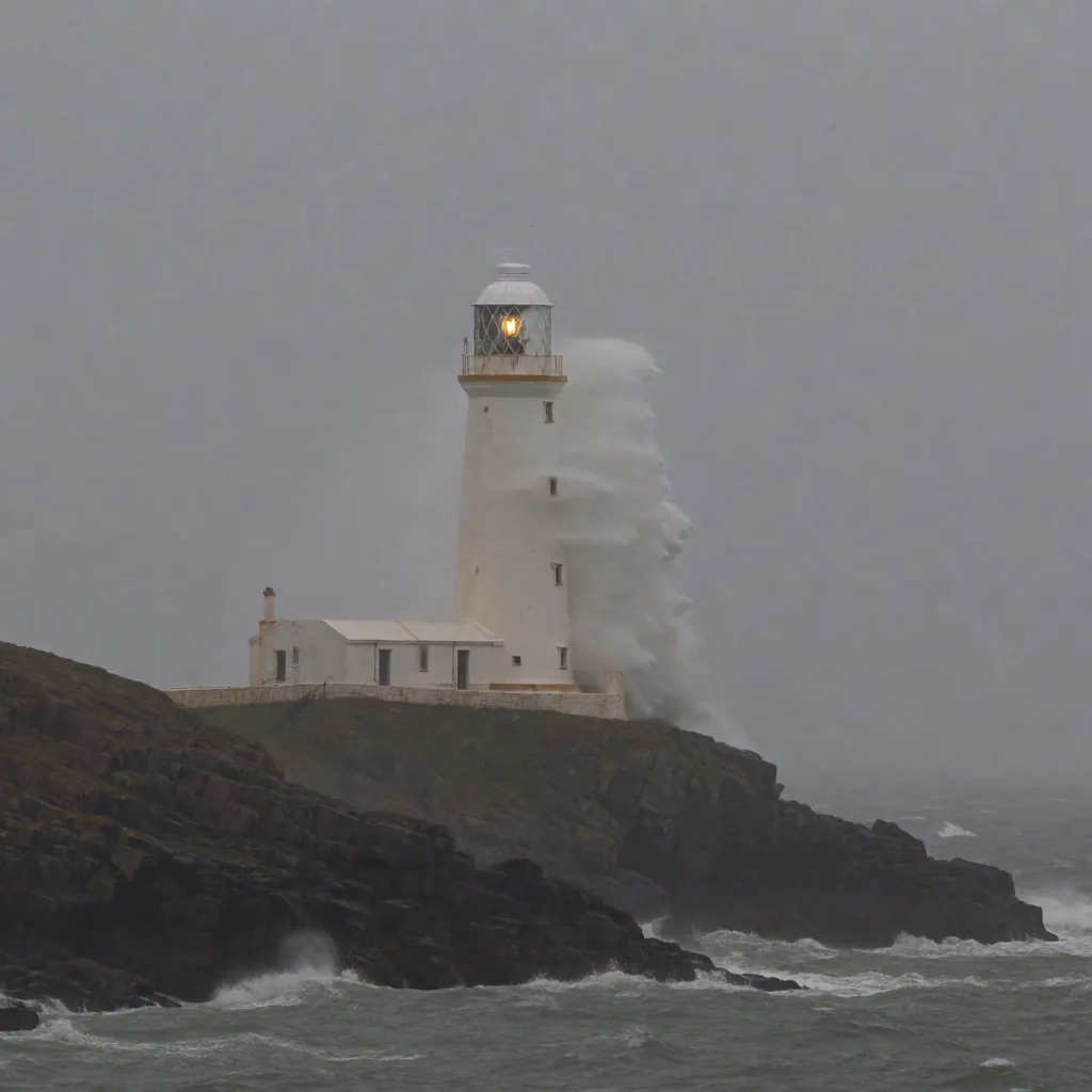 Coastal lighthouse, gale