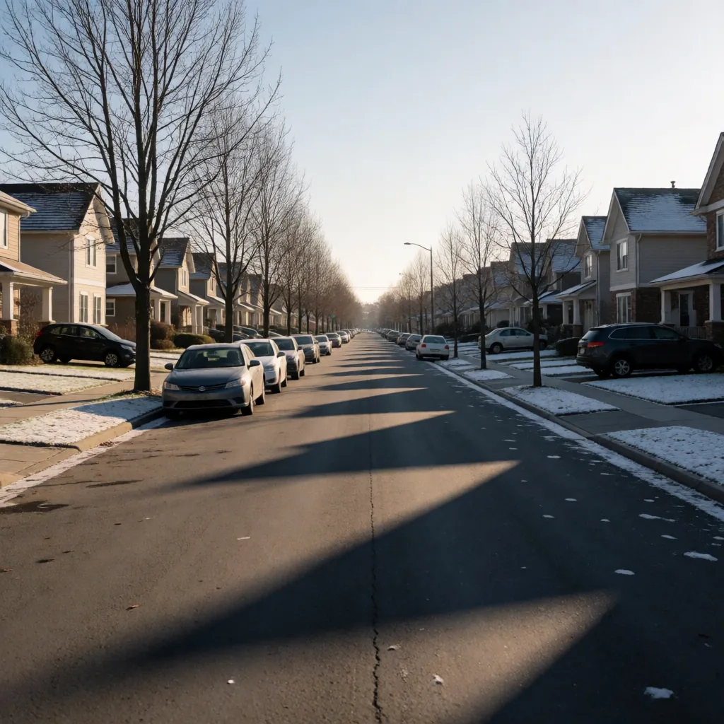 Angle: asked for straight down on a suburb, returned a view from the pavement