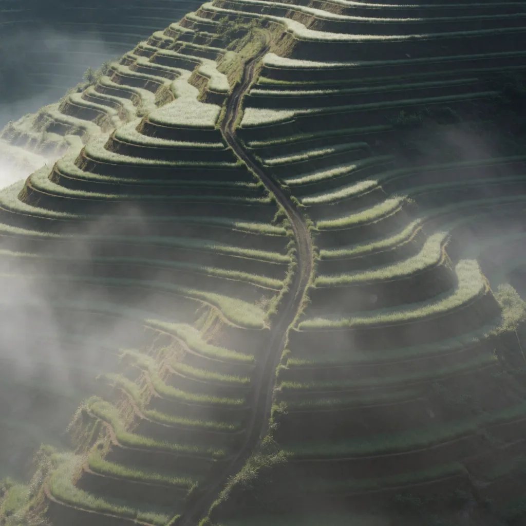 Angle: asked for straight down, returned a high oblique - the terrace risers are visible and the hillside recedes into haze