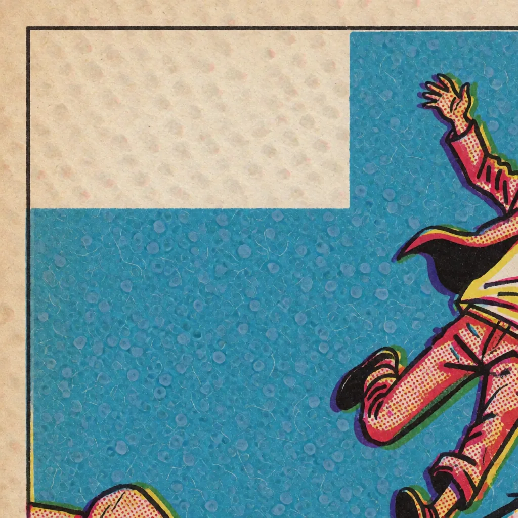 Composition: a flat cyan field with the figure pushed to the edge, and no rosette worth the name