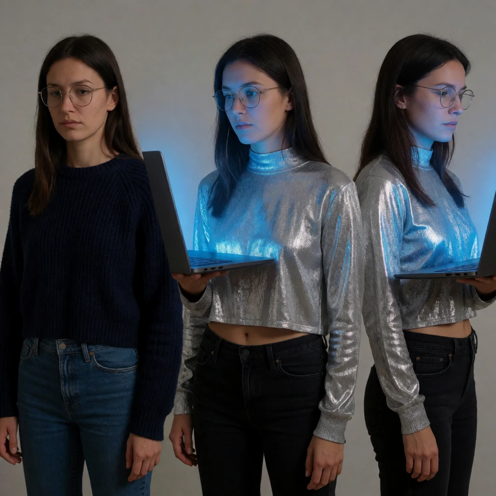 Identity: at strength 0.72 the scene is new and the person is not the same. The middle figure also carries three arms - one holding the laptop and a second silver sleeve hanging beside it - which I did not see until a reader pointed at it on 2026-07-31.