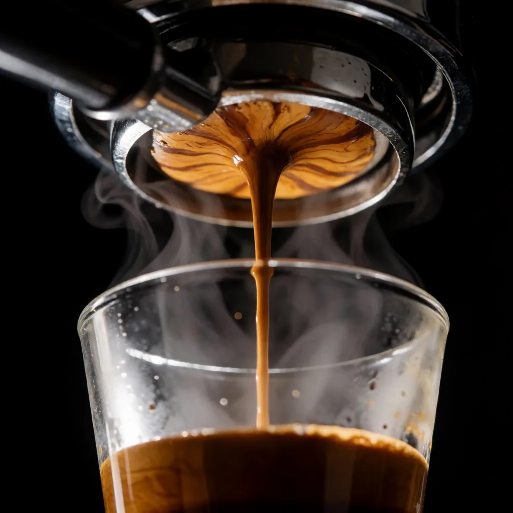 Mechanism: the espresso renders as an amber disc where the basket should be, and one stream instead of two