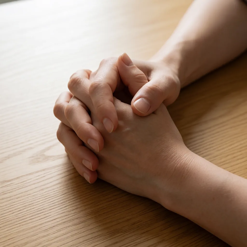 Gesture: asked for fingers fully interlaced, returned a clasp with the fingers lying over the other hand