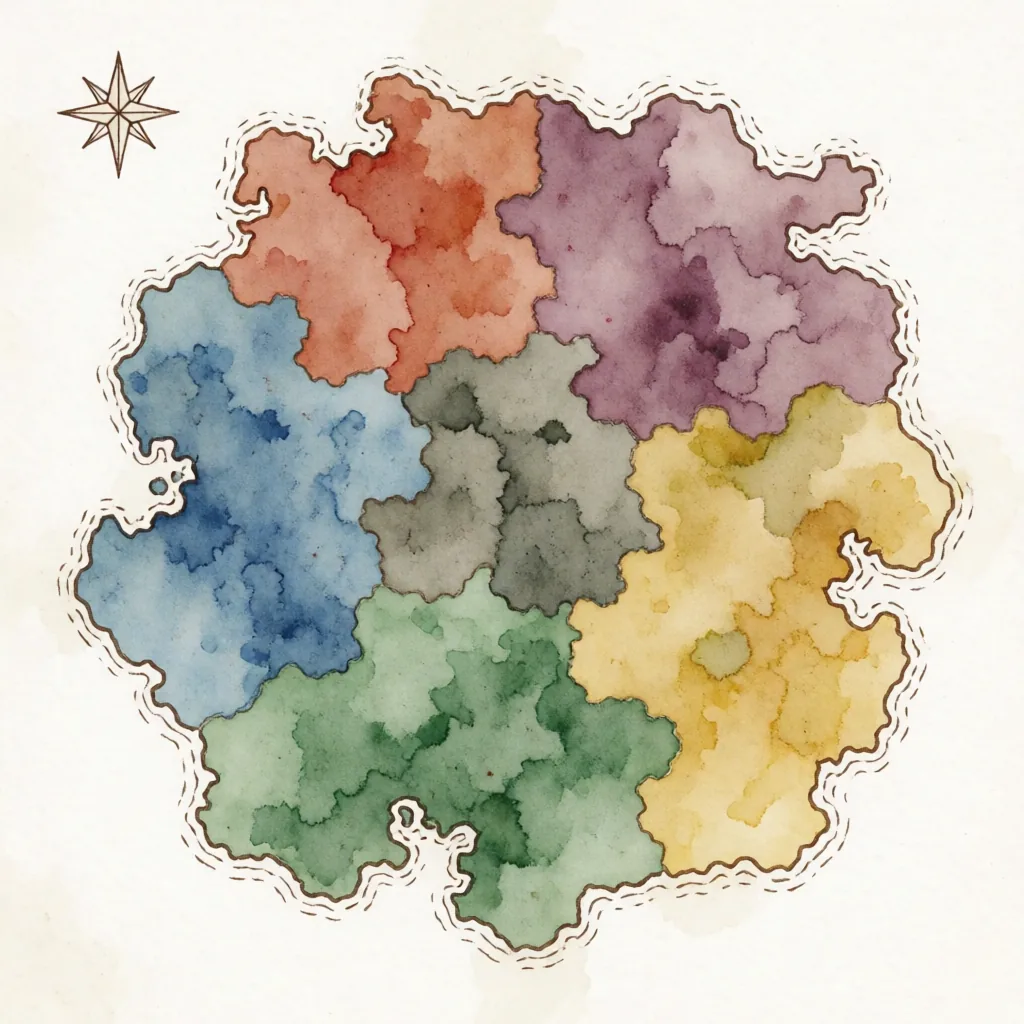 Count: 'five regions' returned eight, and the ink coastline never appeared