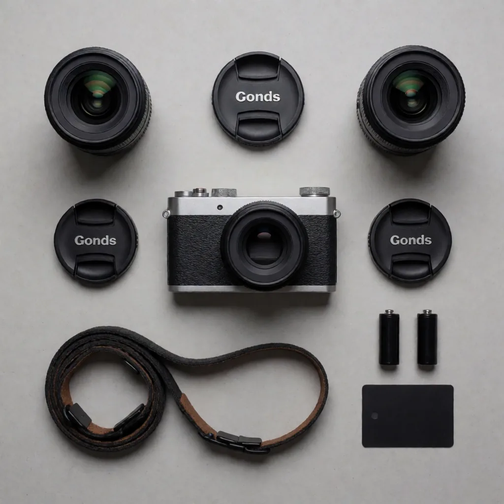 Text: the lens caps carry invented branding, legible and wrong, in an otherwise perfect knoll