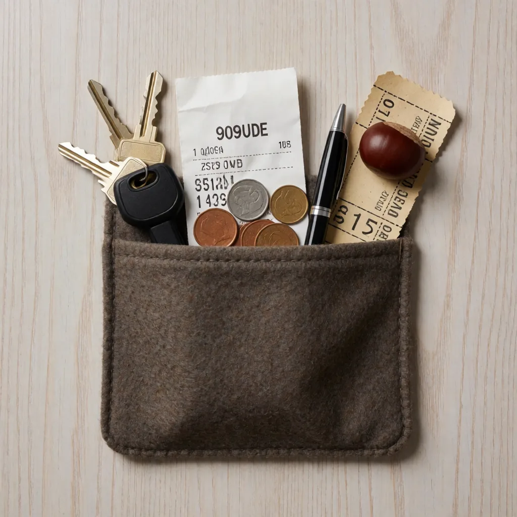 Arrangement: asked for the pocket contents laid flat on a grid, returned them heaped in the pocket