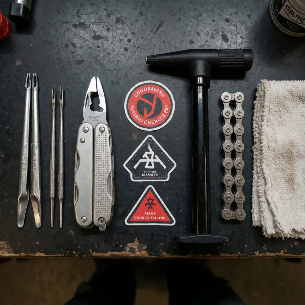 Contents: bicycle-specific tools were asked for and generic ones arrived, with invented sticker text