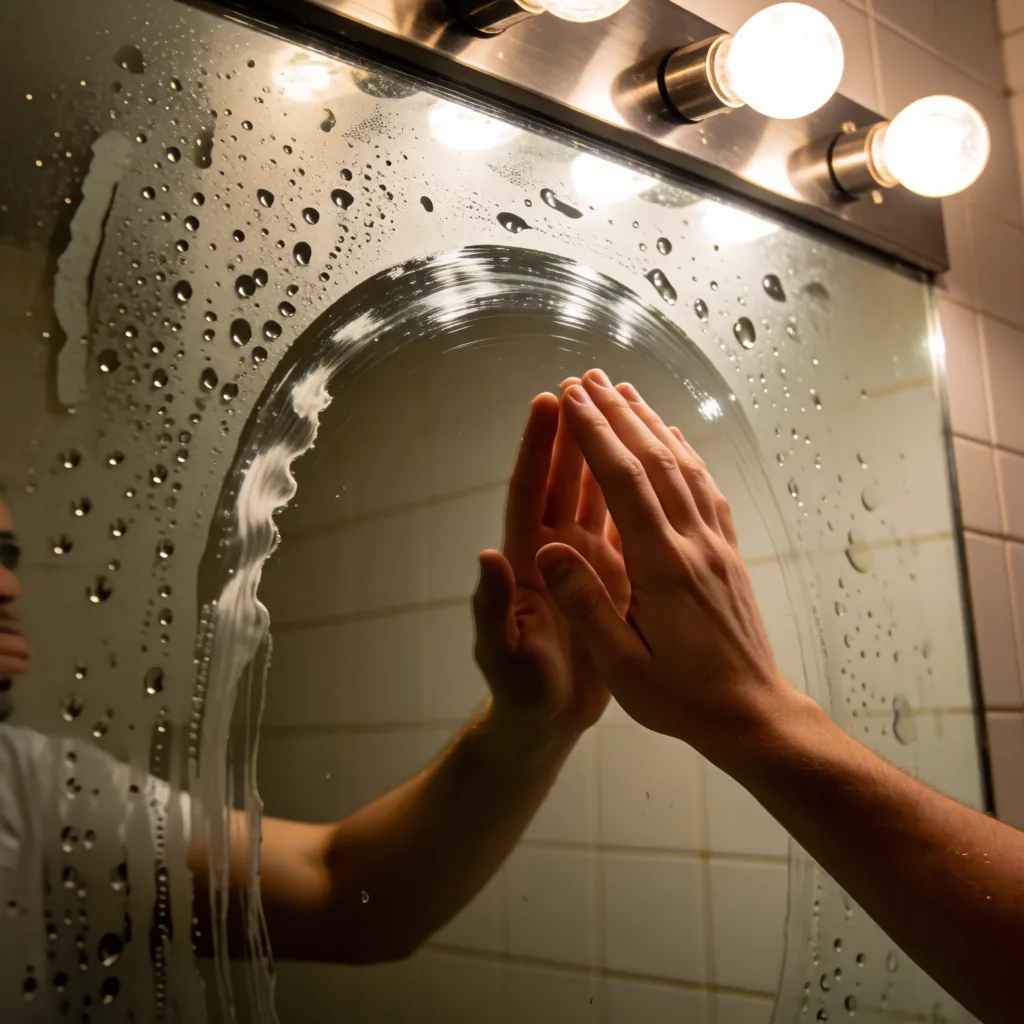 Instruction: asked for nobody in the reflection, returned two hands pressed against the glass