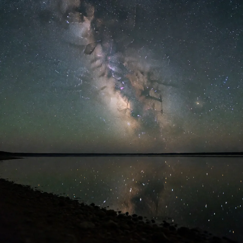 Scene: the reflection never resolves into water; the lower half reads as a second sky