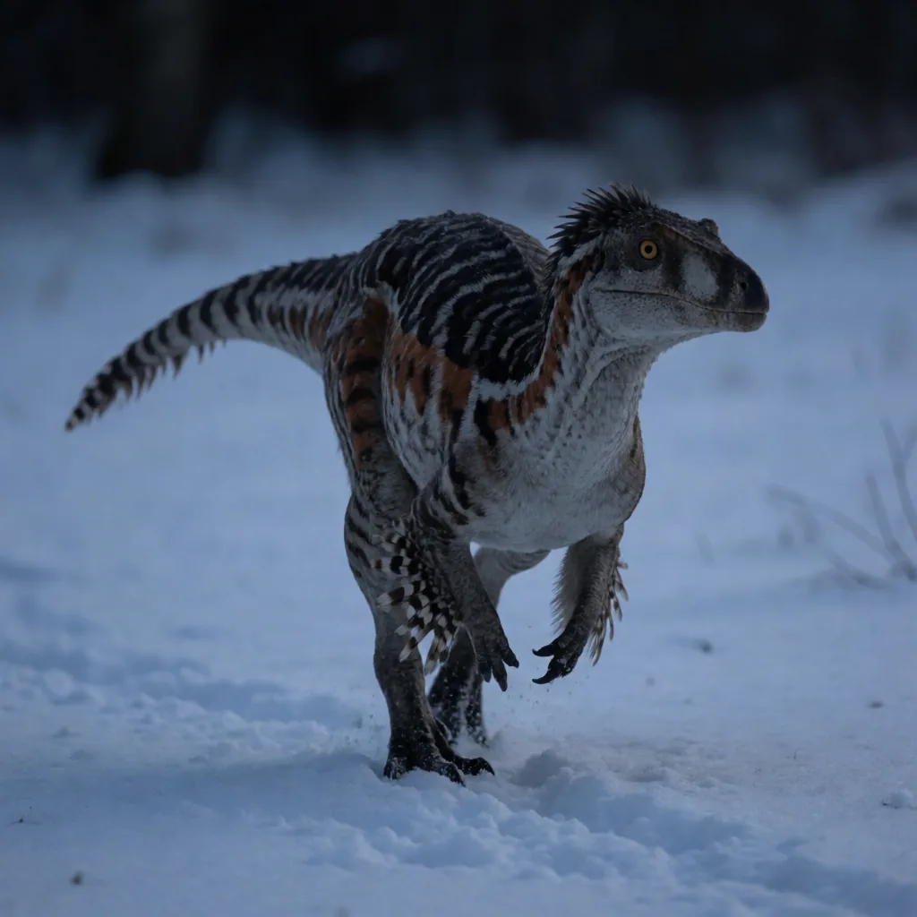 Feathered saurian in snow