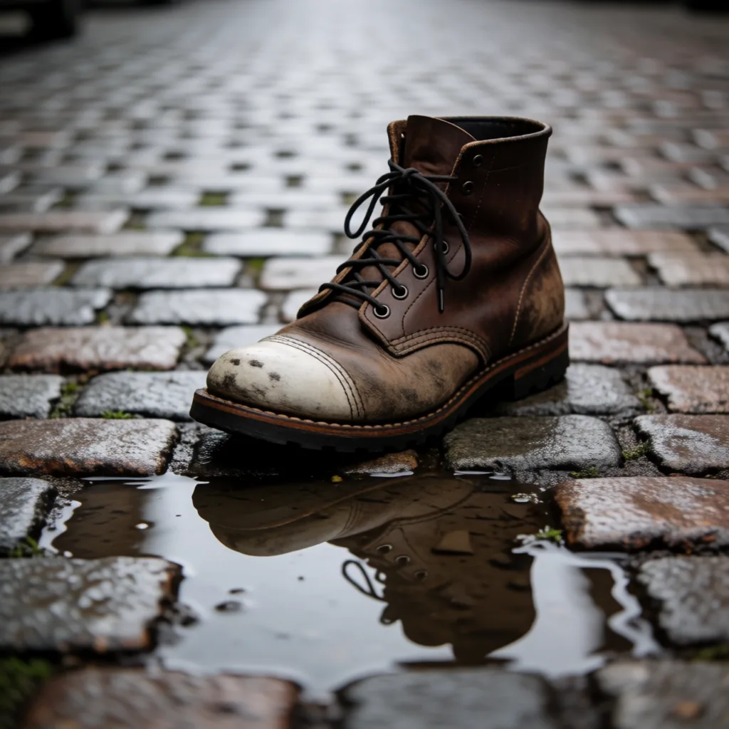 Boot on wet cobbles
