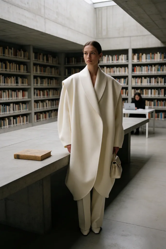 Ivory cocoon coat in brutalist library