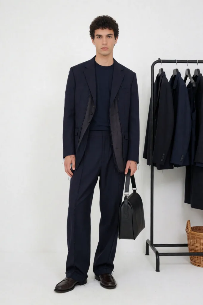 Deconstructed navy suit backstage