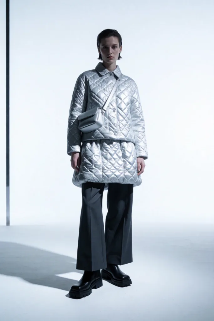 Silver quilted outerwear campaign