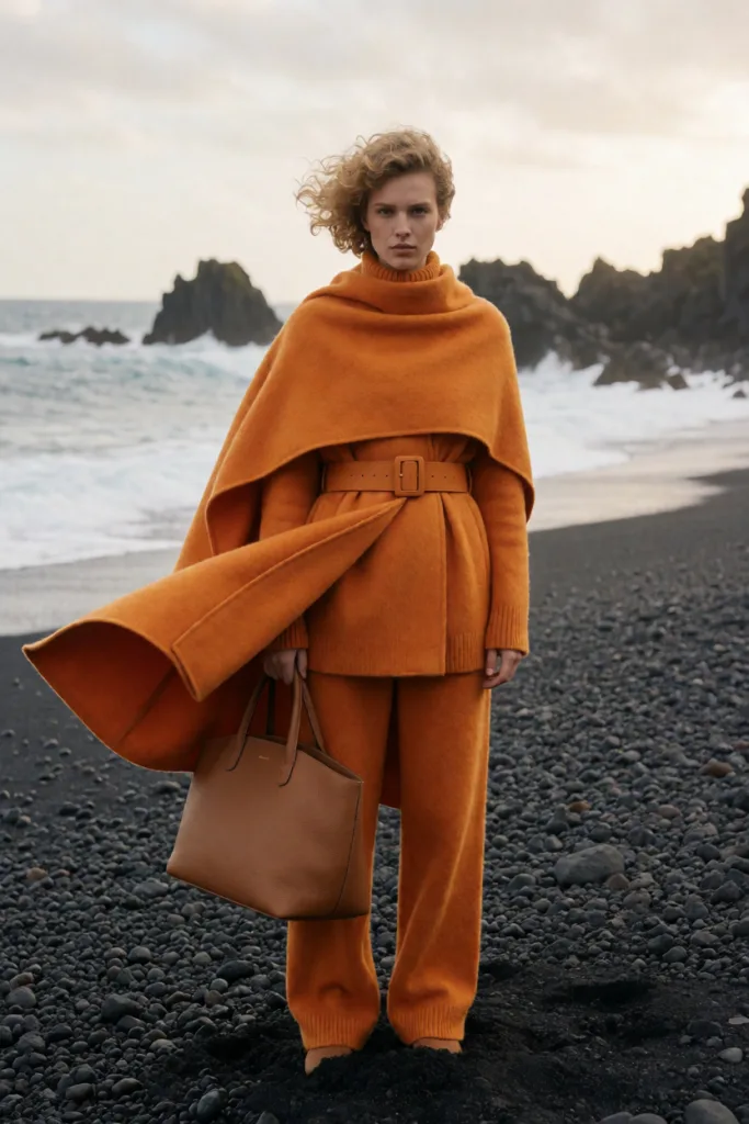 Saffron cape on volcanic shore