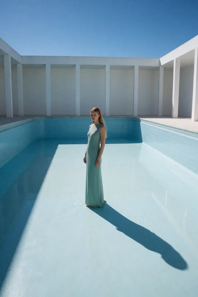 Sea-green column dress in an empty pool