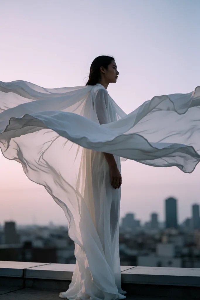 White chiffon cape in a rooftop crosswind