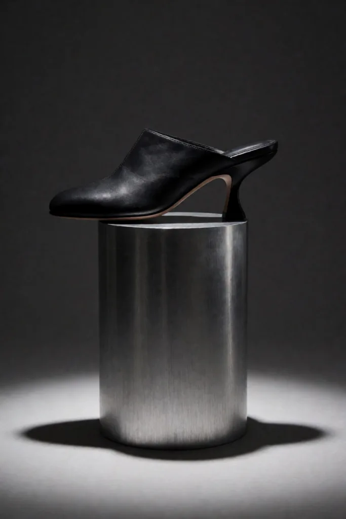 Black leather mule on aluminum plinth