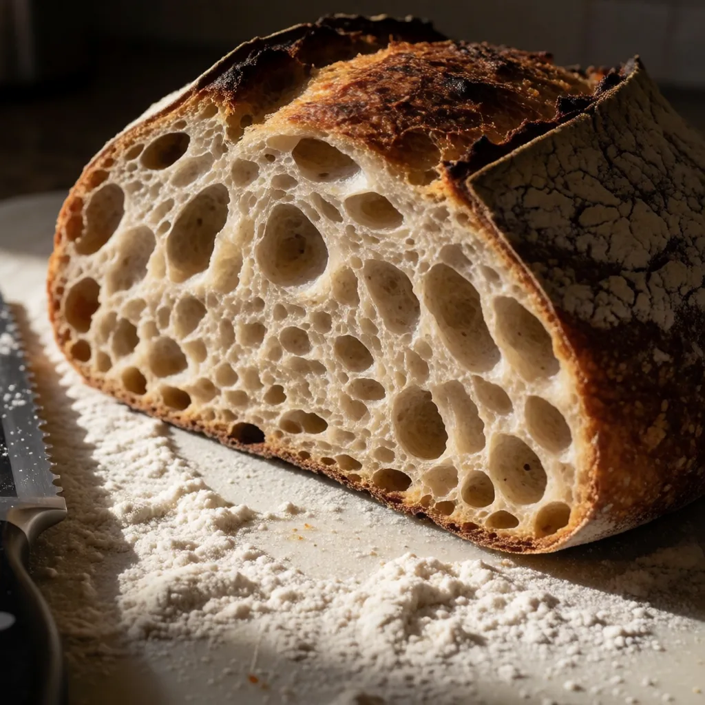 Cut sourdough loaf, side light