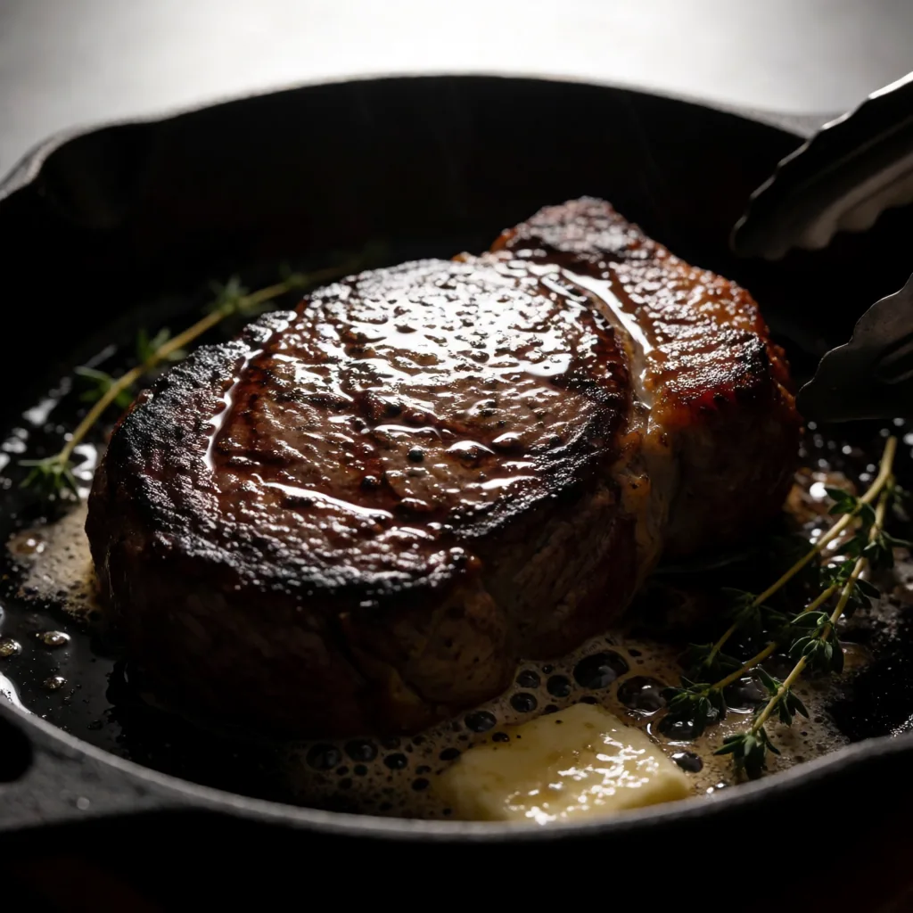 Cast iron steak, hard rim light