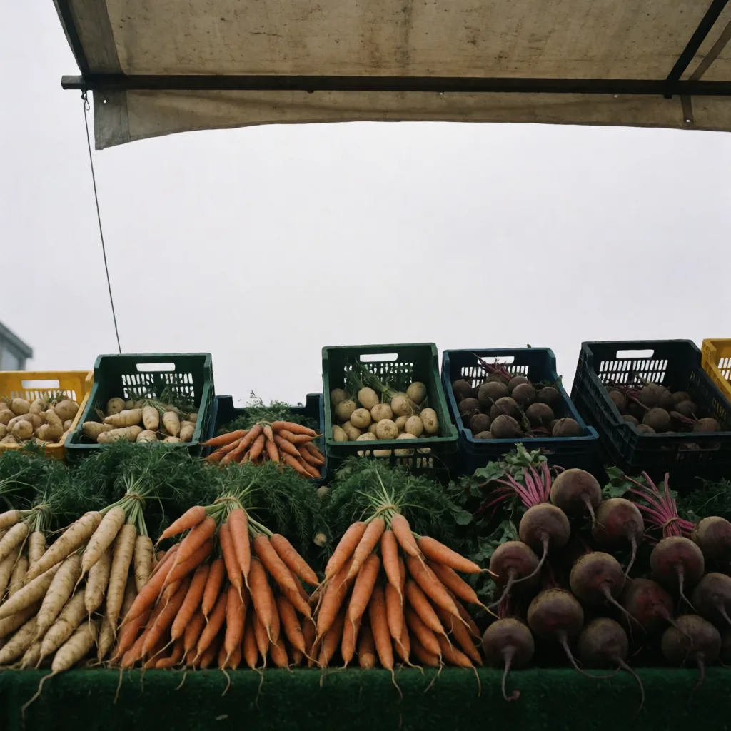 Market vegetable stall, overcast