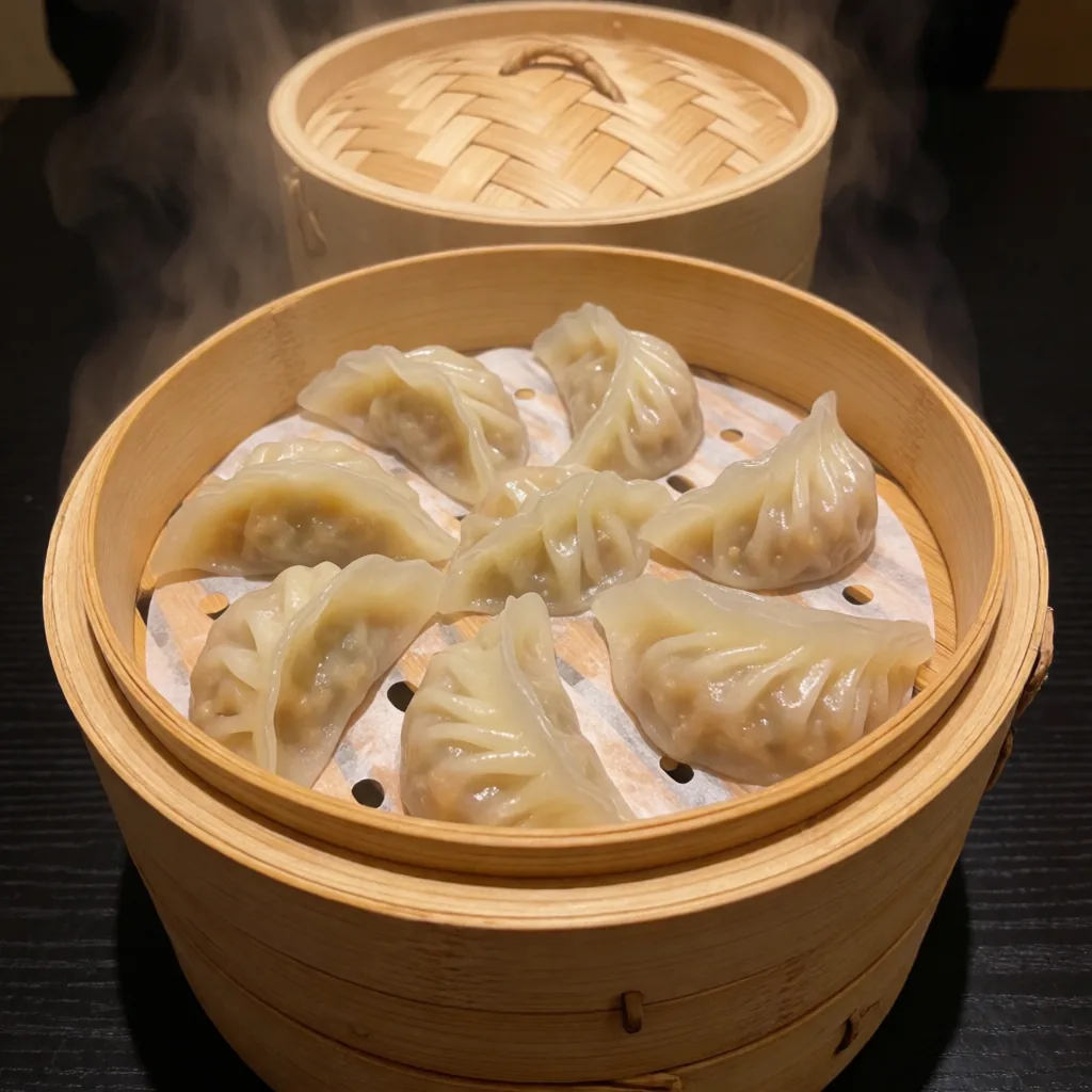 Dumplings in a bamboo steamer