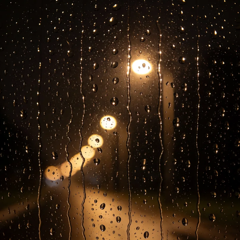 Rain on a window at night