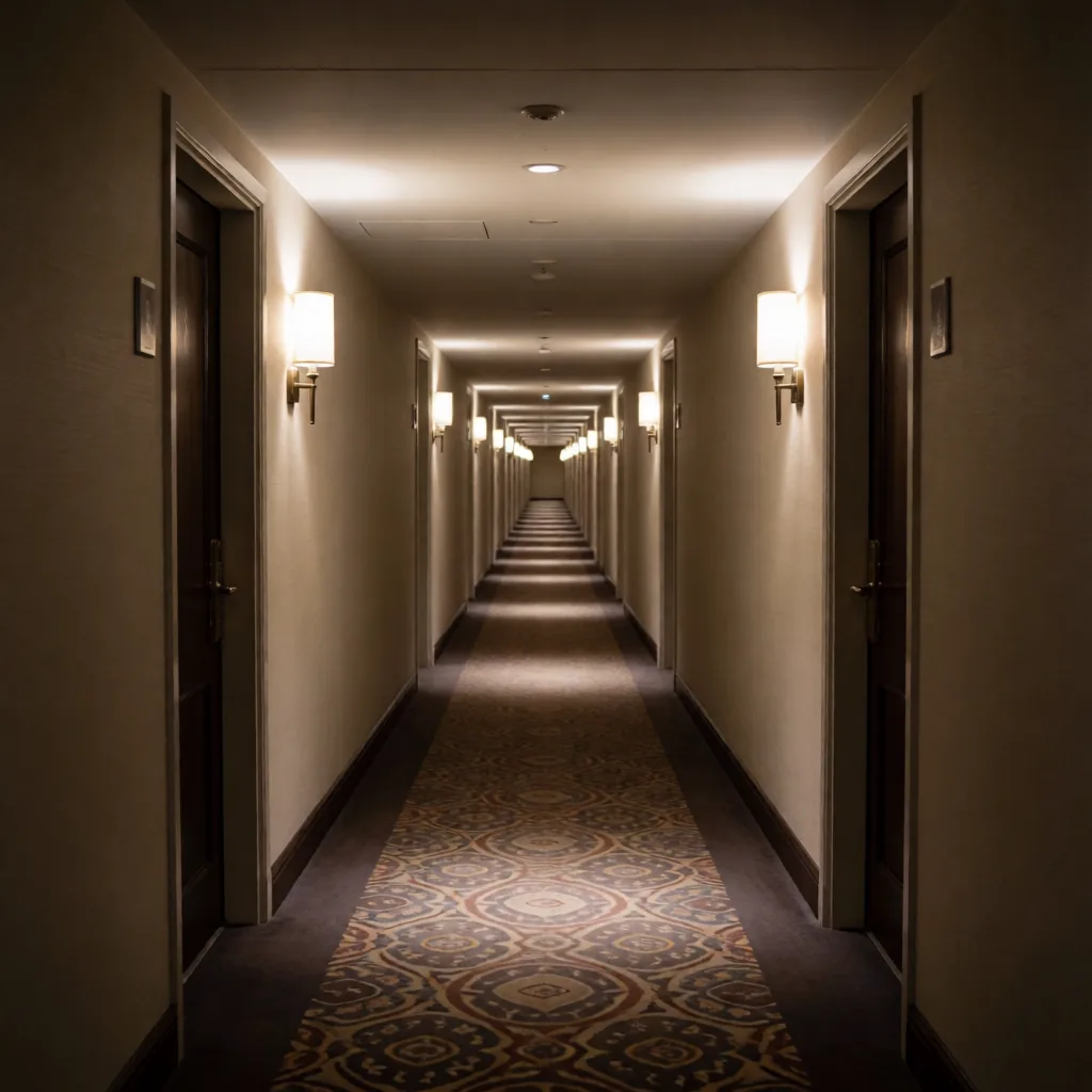 Hotel corridor, receding lights