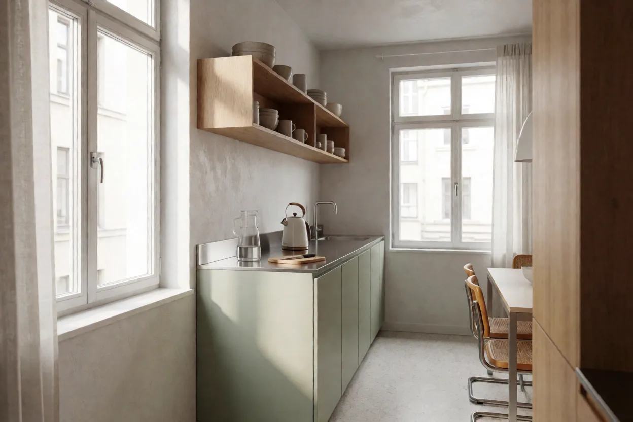 Compact sage apartment kitchen