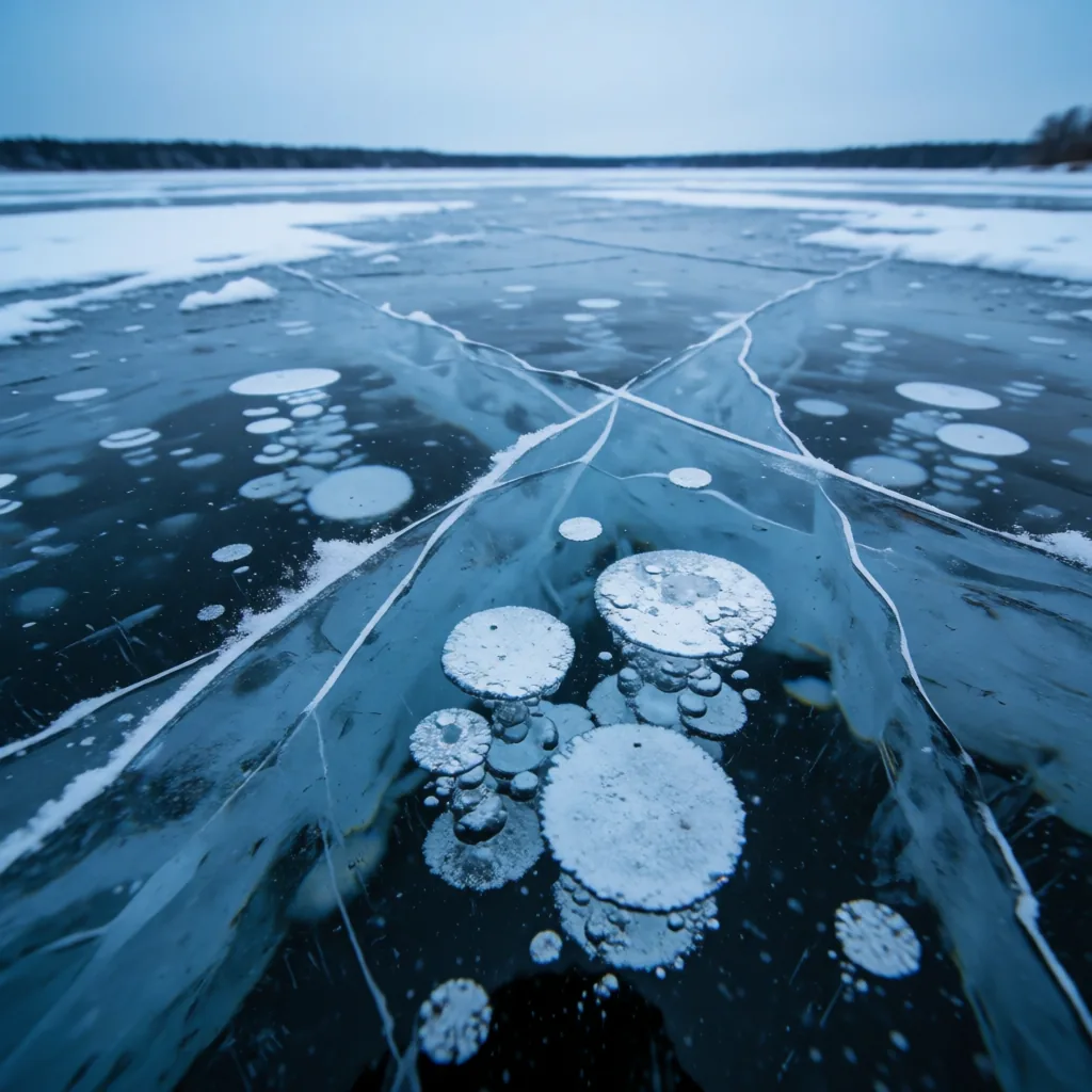 Frozen lake, cracked ice