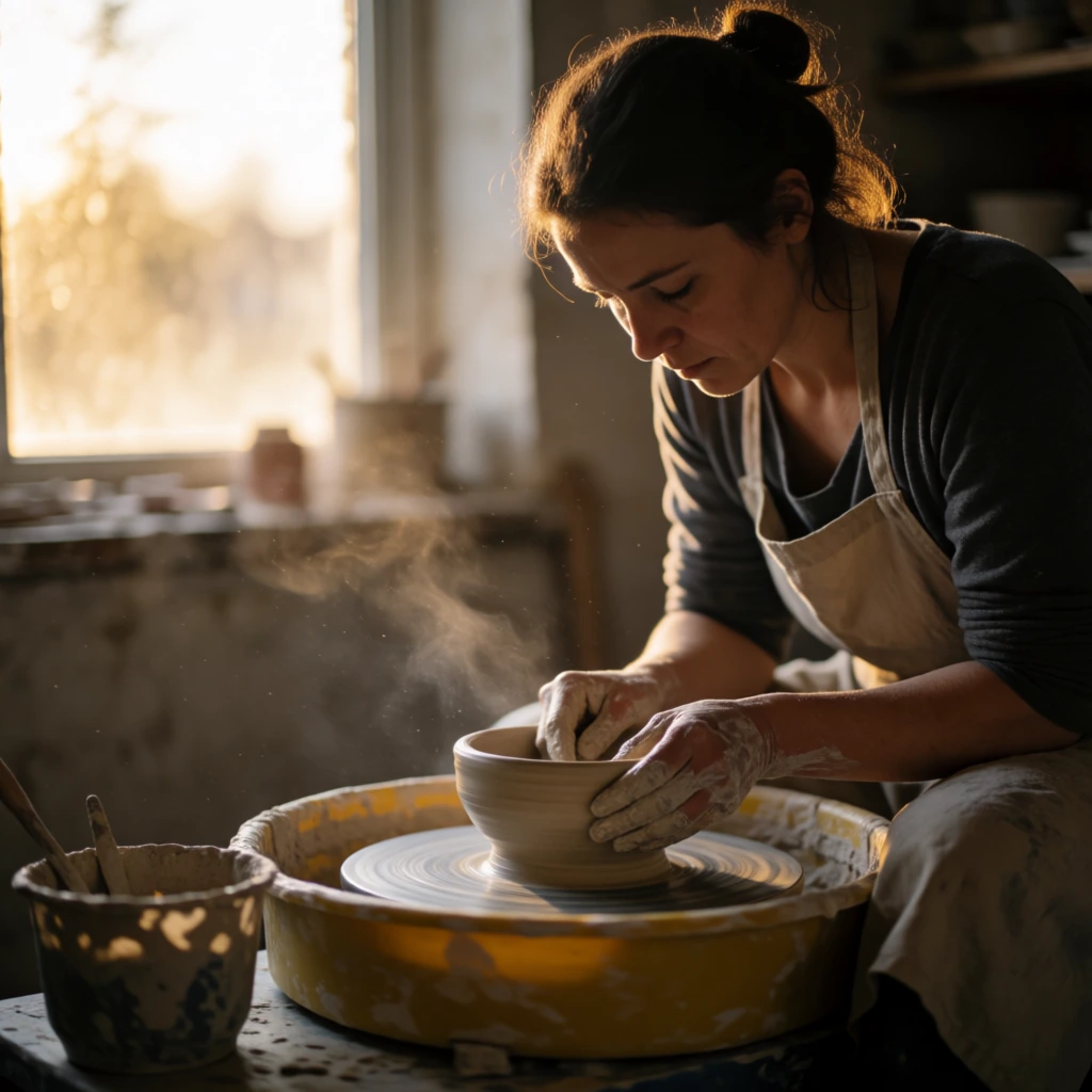 Ceramicist at golden hour, 85mm