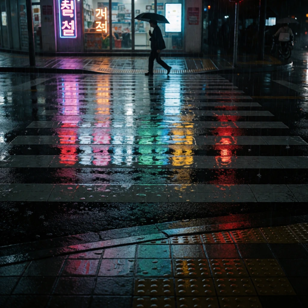 Rain-soaked crosswalk, neon reflections