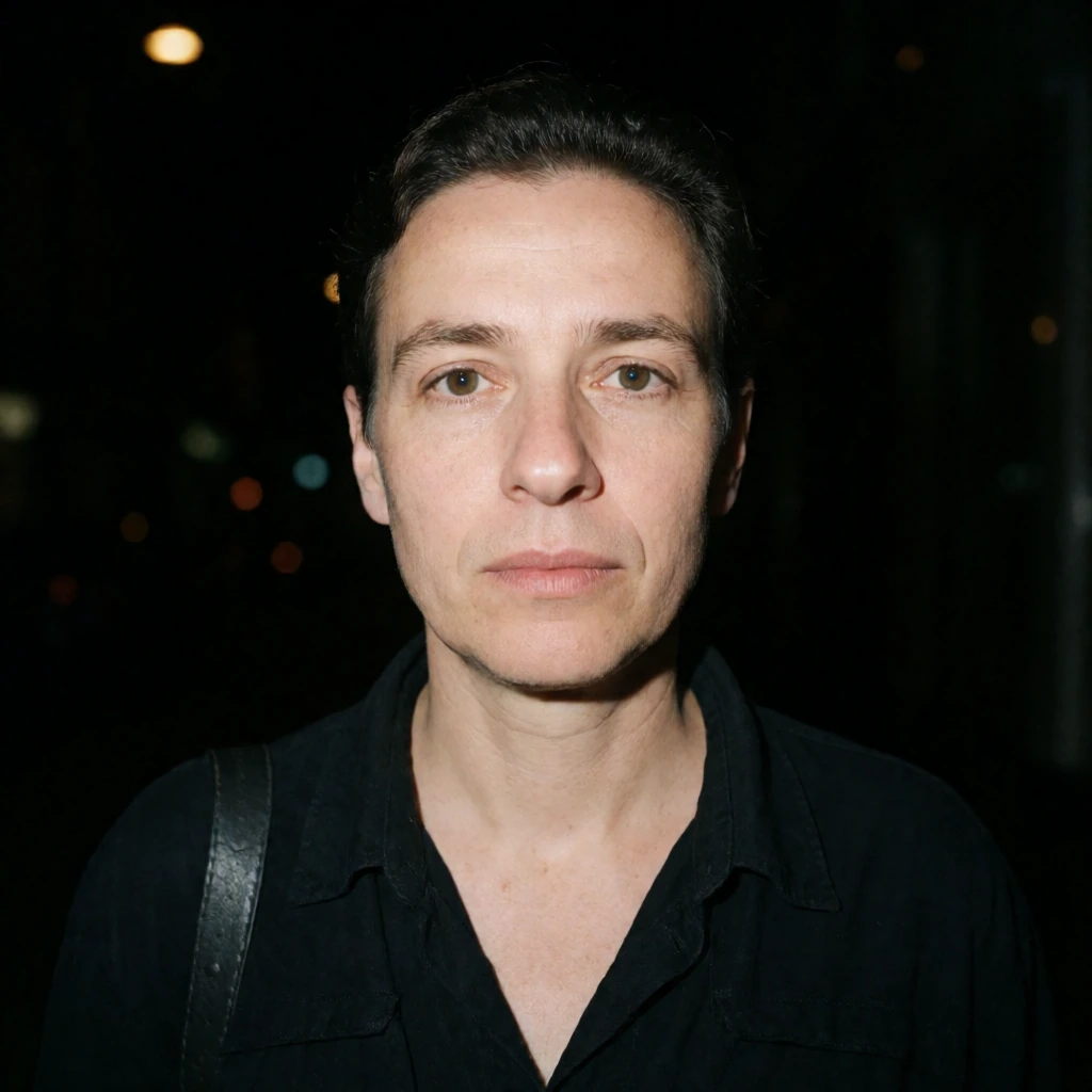 Flash-lit street portrait at night