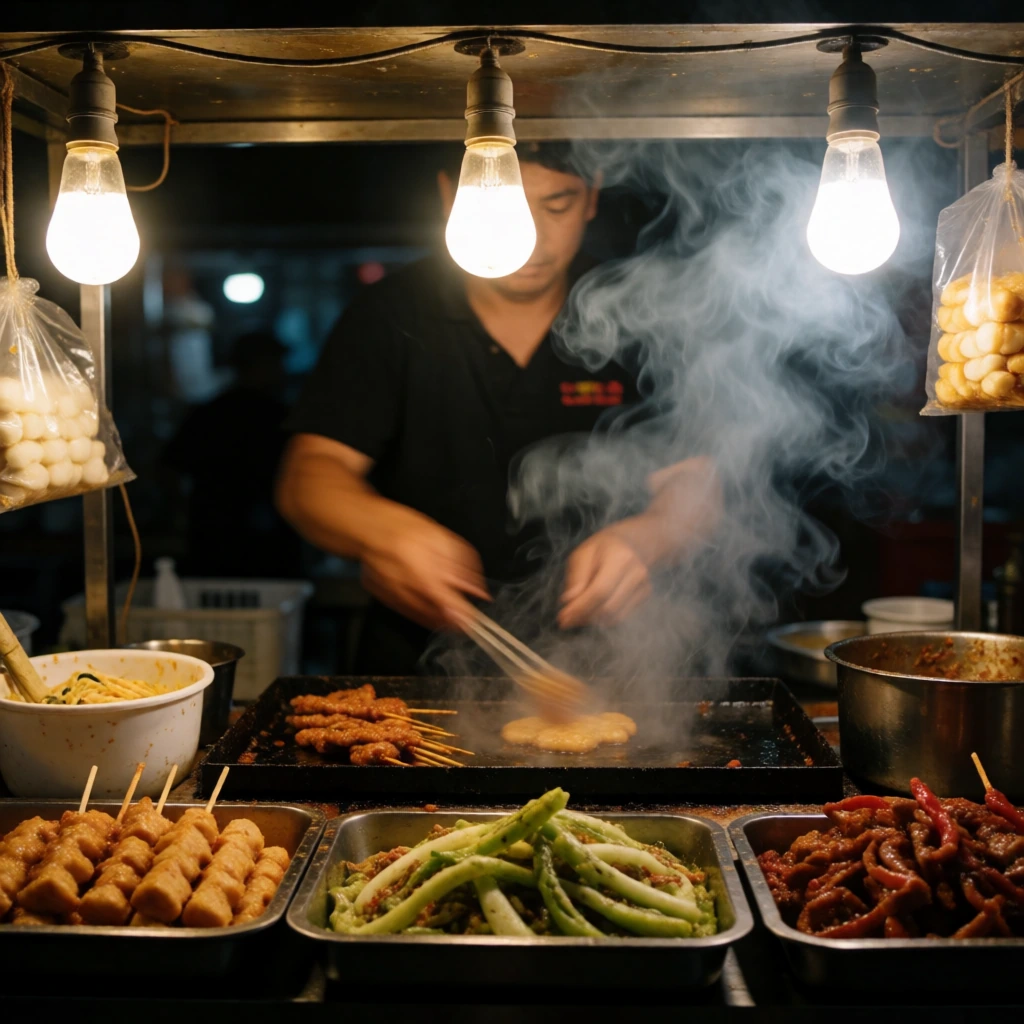 Night market, tungsten and smoke