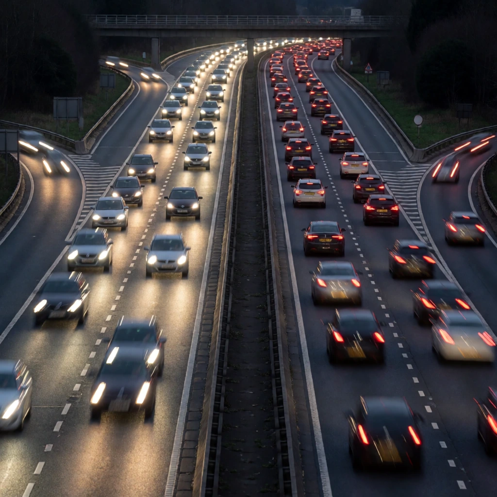 Motorway at dusk, long lens