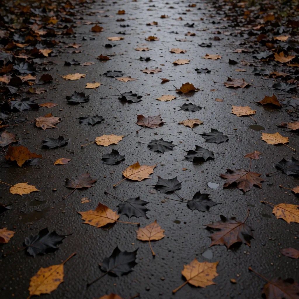 Fallen leaves, wet path